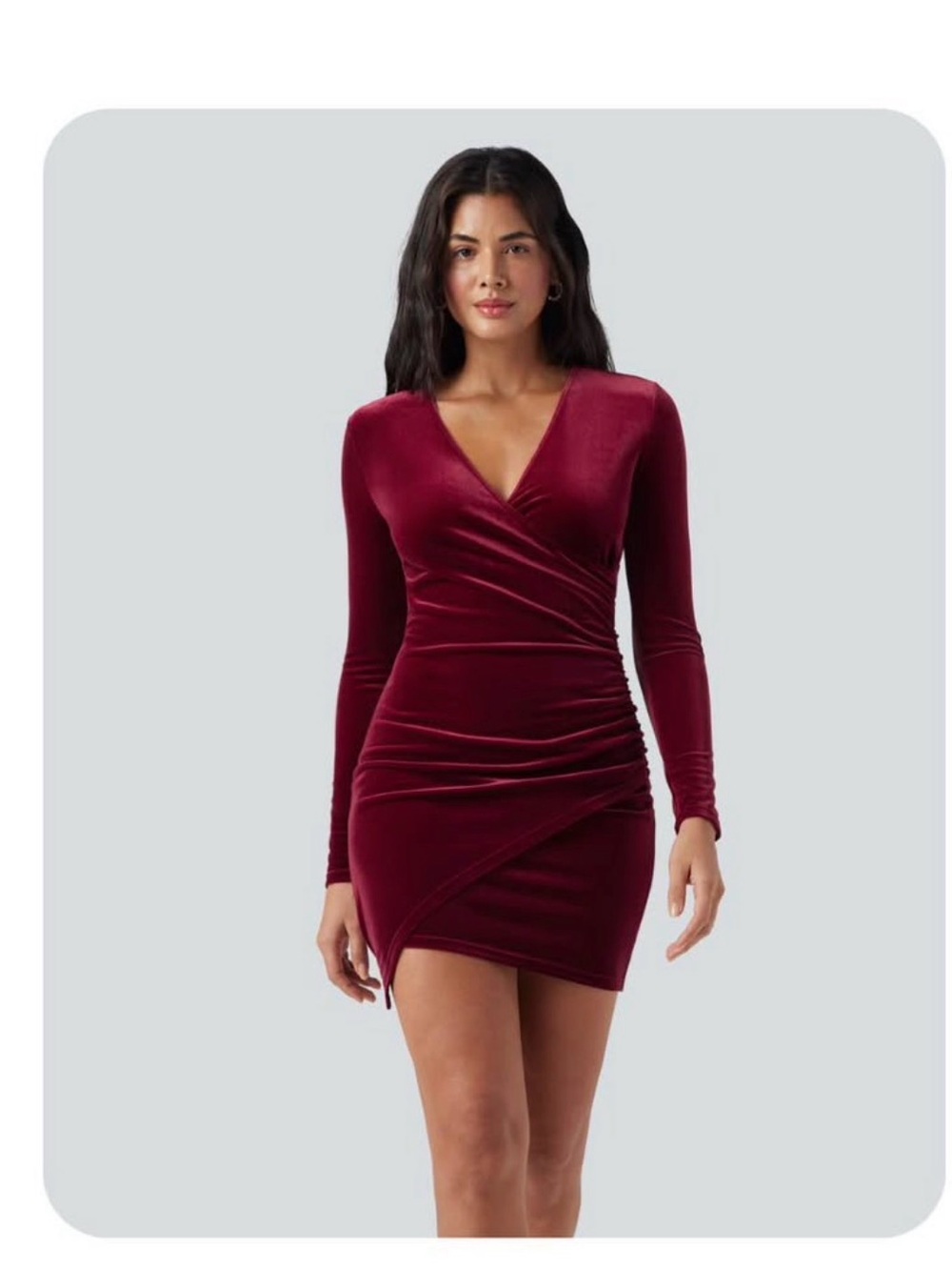 Halara Deep V Neck Long Sleeve Ruched Velvet Mini Bodycon Dresses (Medium)